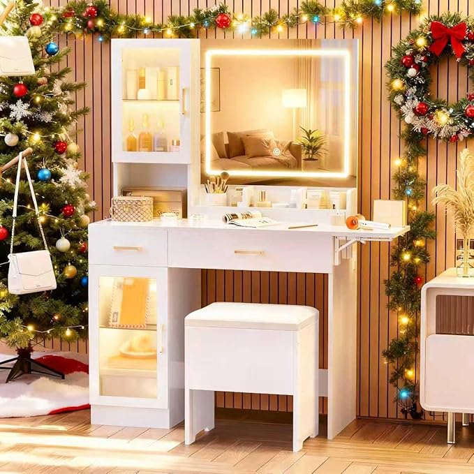 NUNU LAB White Vanity Desk with Mirror and Lights, Makeup Vanity Set with Storage Shelf and Drawers, Bedroom Dressing Table with RGB Cabinets, Cushion Stool for Women, Girls, Teens (052 White)