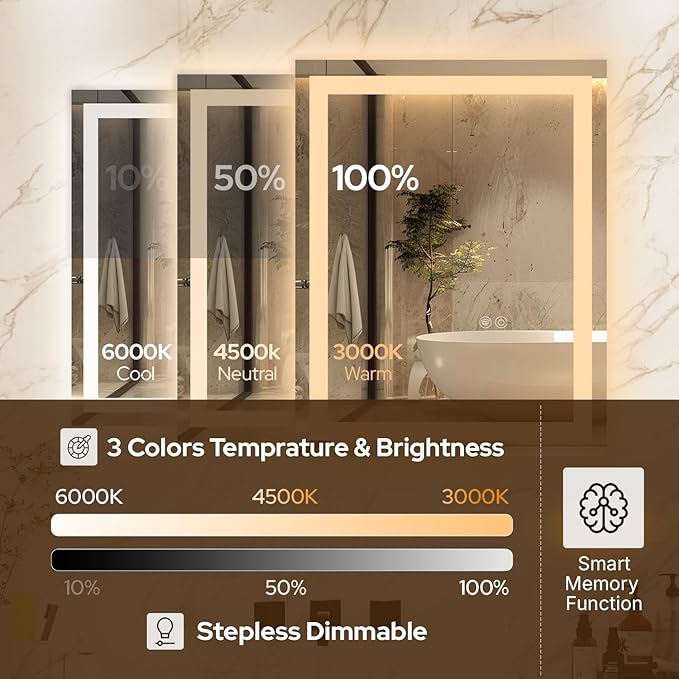 20 x 28 LED Bathroom Mirror with Lights, Lighted Bathroom Vanity Mirror for Wall, Espejos para Baños, Frontlit & Backlit, Anti-Fog, Shatterproof, 3 Adjustable Color Temperatures & Memory Function