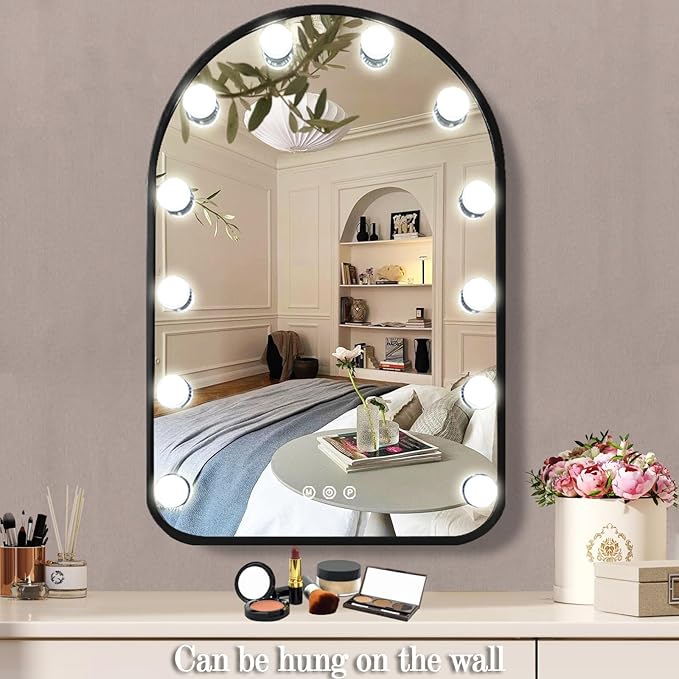 Hollywood Arch Black Vanity Makeup Mirror with Lights 12 Bulbs Dimmable 3Color Black Lighted Vanity Mirror for TableTop Wall Detachable Base X10 Magnifying Arch Makeup Desk Mirror with Lights