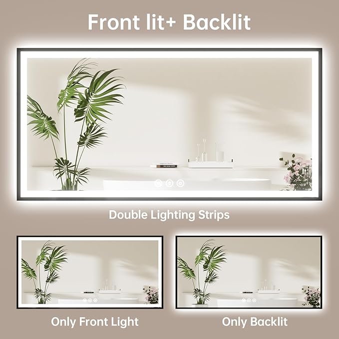 60x30 LED Bathroom Mirror with Lights, Black Aluminum Framed, Backlit + Front Lit, Lighted Bathroom Vanity Mirror for Wall, Anti-Fog, Memory Function, Dimmable, Shatterproof ETL Listed