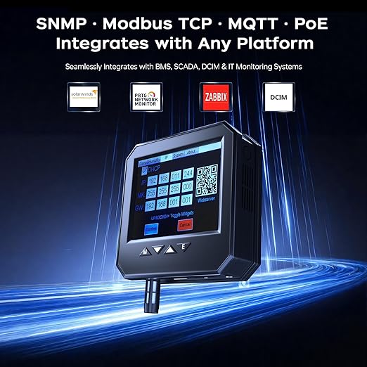 Ethernet Server Room Temperature Monitor, PoE Server Rack Temperature Humidity Sensor with Web Interface, SNMP Modbus MQTT Support, Dual Power, IP55, Data Logging, Alarm & Relay Output