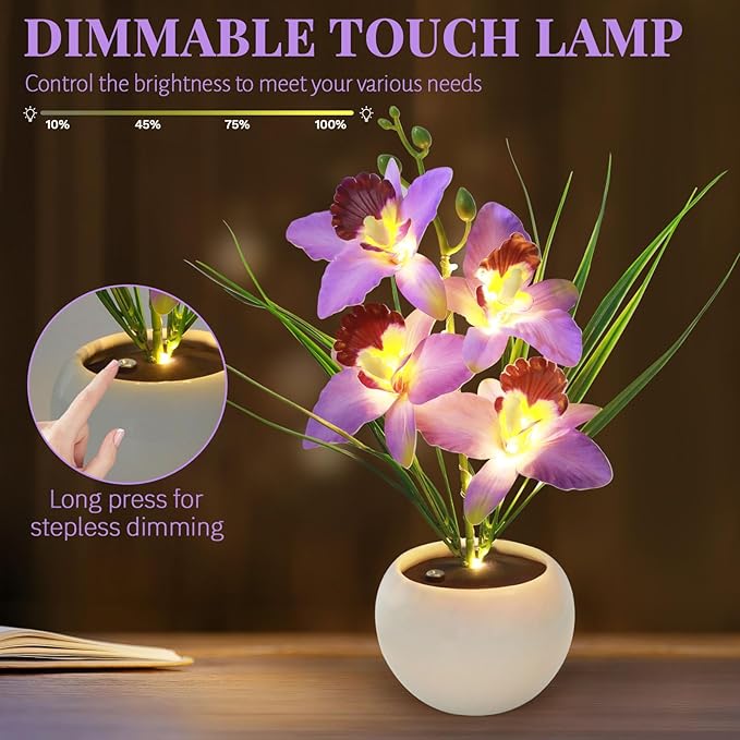 Artificial Flower Night Light, Touch Stepless Dimming USB Rechargeable Orchid Flower with Vase Lamp, LED Table Lamp Decorative Landscape Lights for Festival Party Home Decor (Purple)