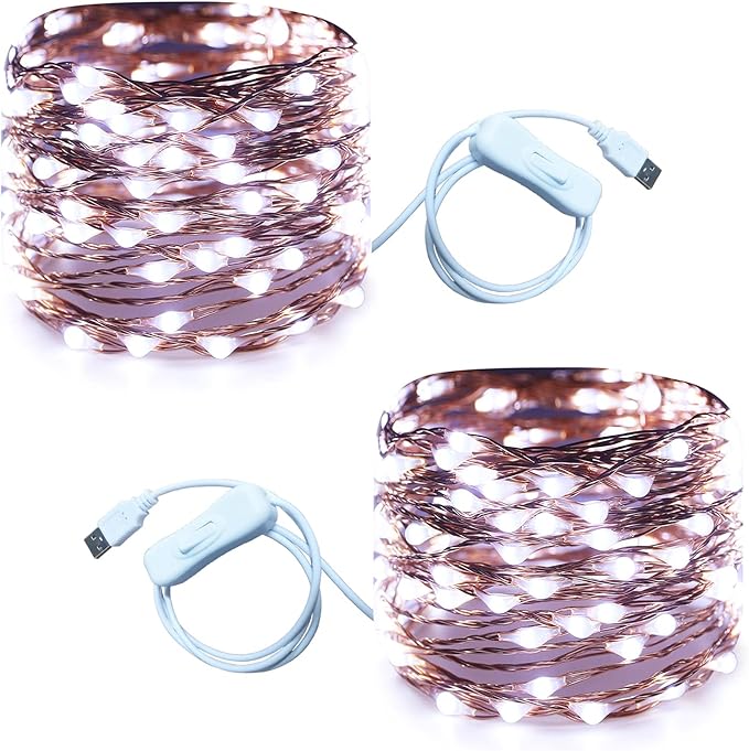 RUICHEN 20 Ft 120 LED USB Fairy String Lights with On/Off Switch, Waterproof Copper Wire Lights for Bedroom Wall Ceiling Wreath Crafts Christmas Wedding Party, Cool White, 2 Pack