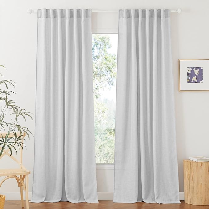 RYB HOME Linen Sheer Curtains for Living Room Textured Semi Sheer Curtains Large Window Covering for Bedroom Patio Door, Dove Grey, 52 inch Width x 95 inch Length, 2 Pcs