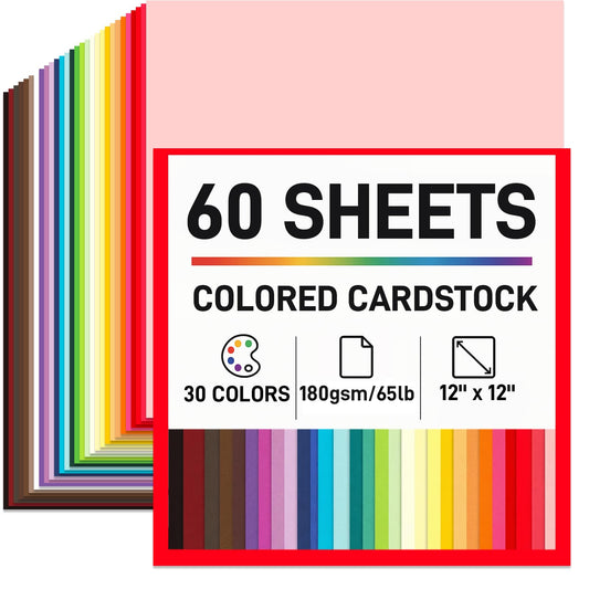 Booknow 60 Sheets Colored Cardstock Paper for Crafts, 30 Assorted Colors 70lb/180GSM Construction Paper, 12x12 Inches, Scrapbook & DIY Crafts, Back to School Supplies