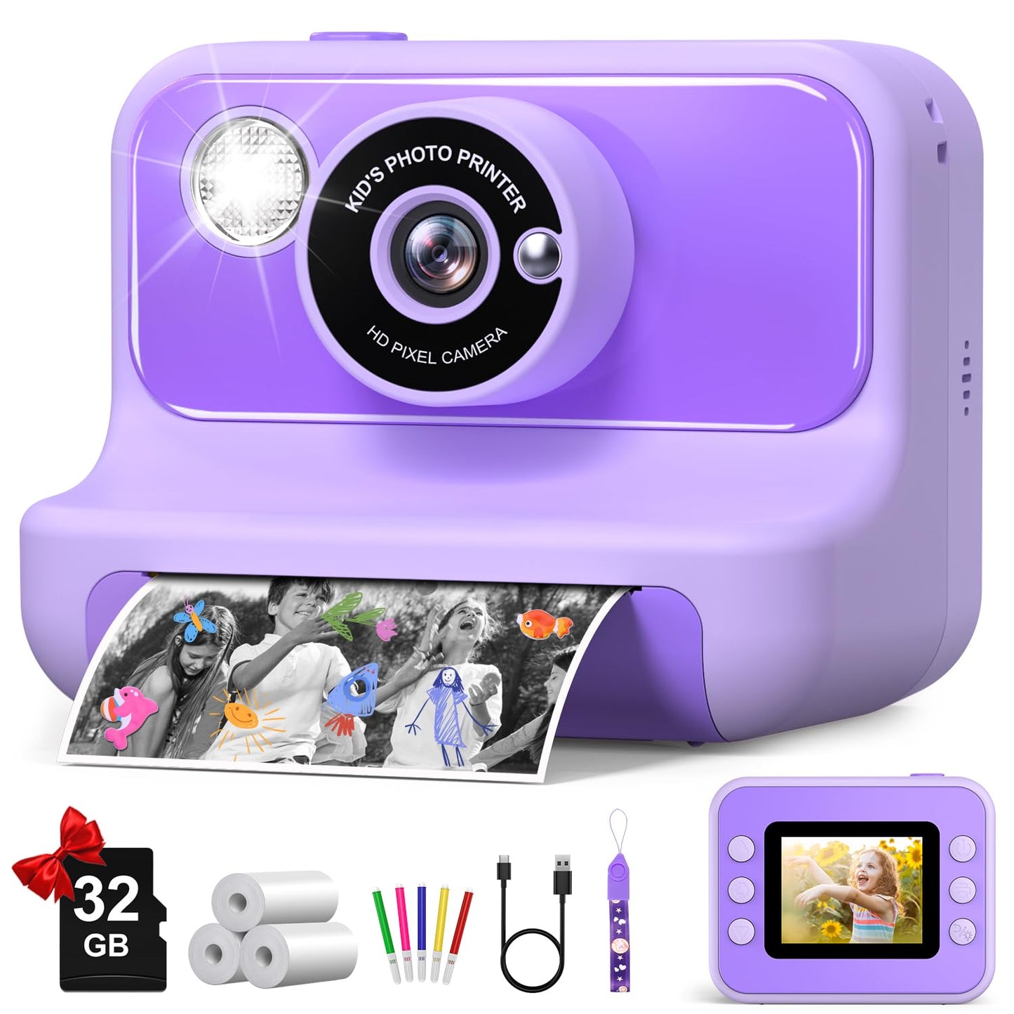 Kids Camera Instant Print, Christmas Birthday Gifts for Girls and Boys, 1080P HD Video Digital Kids Camera with 32G Card, Toddler Camera for 3-12 Years Old, Purple