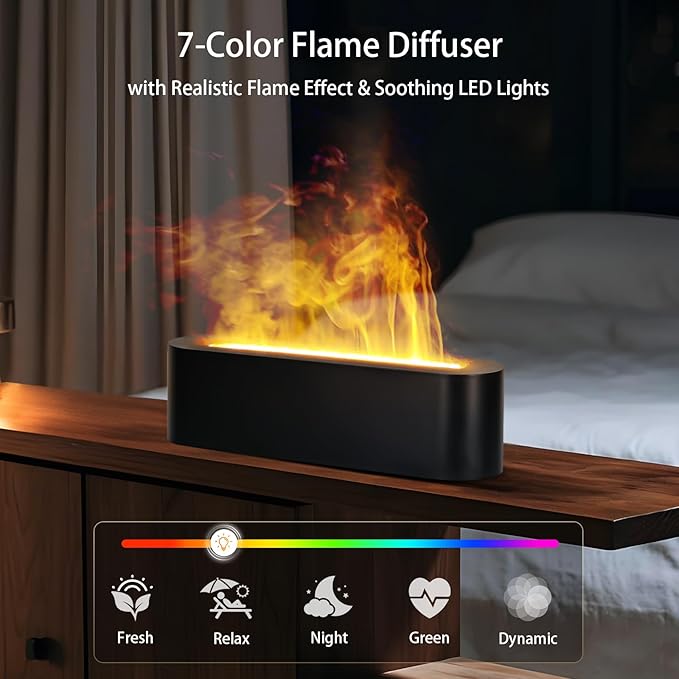 Essential Oil Diffuser, 180ml Flame Air Diffuser Humidifier, Ultrasonic Fireplace Aromatherapy Diffuser with 7-Color LED Light, 3 Timer, Auto-Off for Bedroom Home Room Decor & Gift