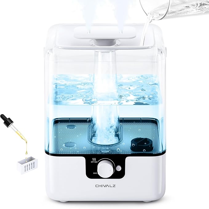 CHIVALZ 6L Humidifiers for Bedroom Large Room Home, Cool Mist Top Fill Humidifiers for Baby Nursery and Plants, 26dB Quiet, Nightlight, Up to 50 Hours, Oil Diffuser 1 Pack + 2 Mist Outlets White