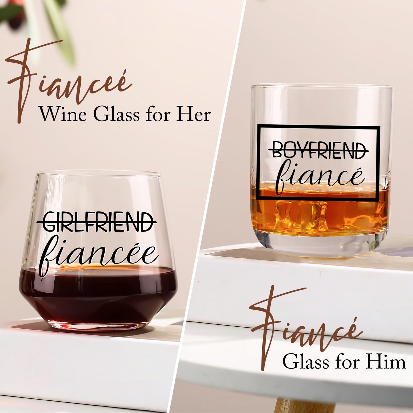 comfit Engagement Gifts for Newly Couples - Fiance Fiancee Gifts, Boyfriend & Girlfriend Wine and Whiskey Glass Set, Wedding Gift for bride and groom, Future Mr and Mrs Just Engaged Gift