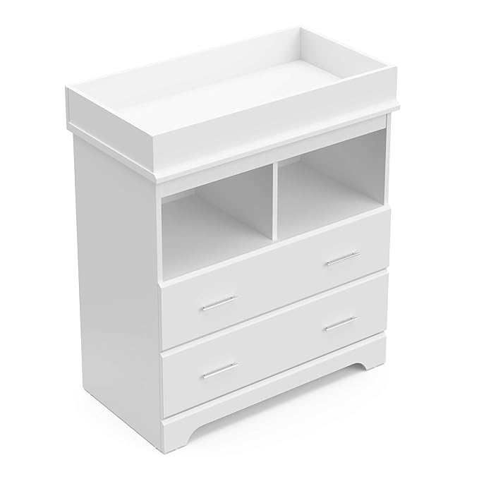Storkcraft Brookside 2 Drawer Changing Table Dresser (White) – GREENGUARD Gold Certified, Easy-to-Match Chest of Drawers and Cubbies for Nursery and Kids Bedroom, Includes Changing Table Topper