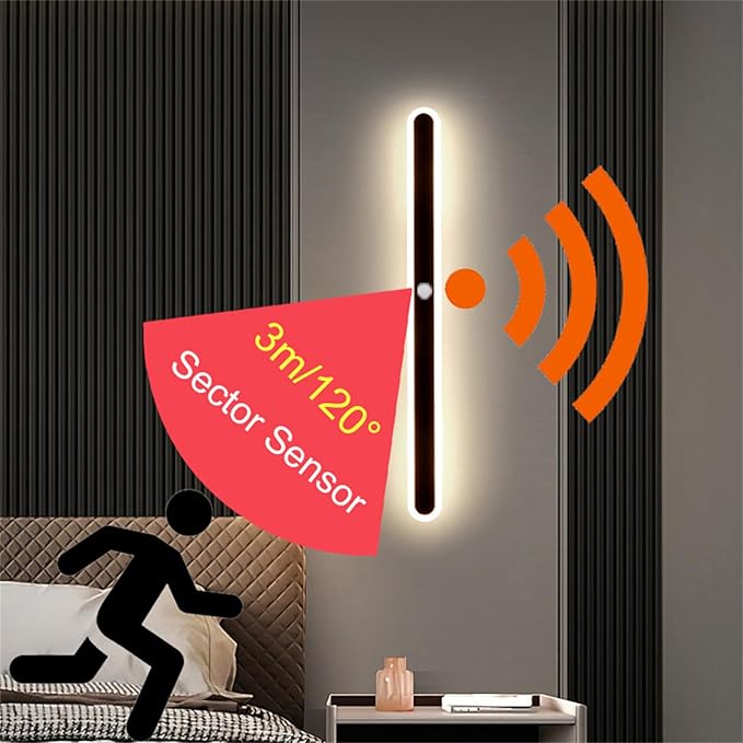 Modern LED Wall Sconce with Motion Sensor Interior Acrylic Black Wall Lamp Indoor Minimalist Long Wall Light Inside Lighting Fixtures for Living Room Bathroom Front Door Bedroom (60CM,Warm Light)
