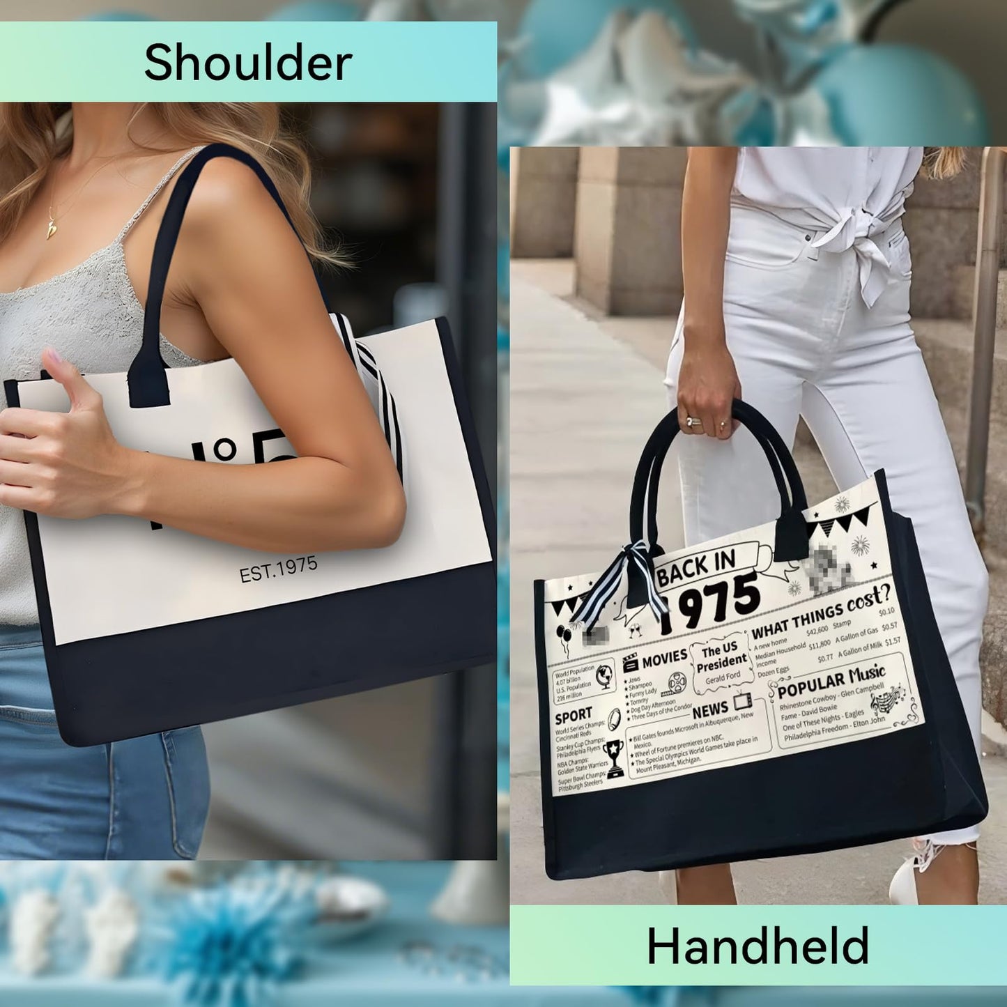 50th Birthday Gift Set for Women Her – No.50 Vintage 1975 Tote Bag, Makeup Bag & 20oz Tumbler – Elegant Birthday Present for 50th Years Old Mom, Wife, Sister, Friends