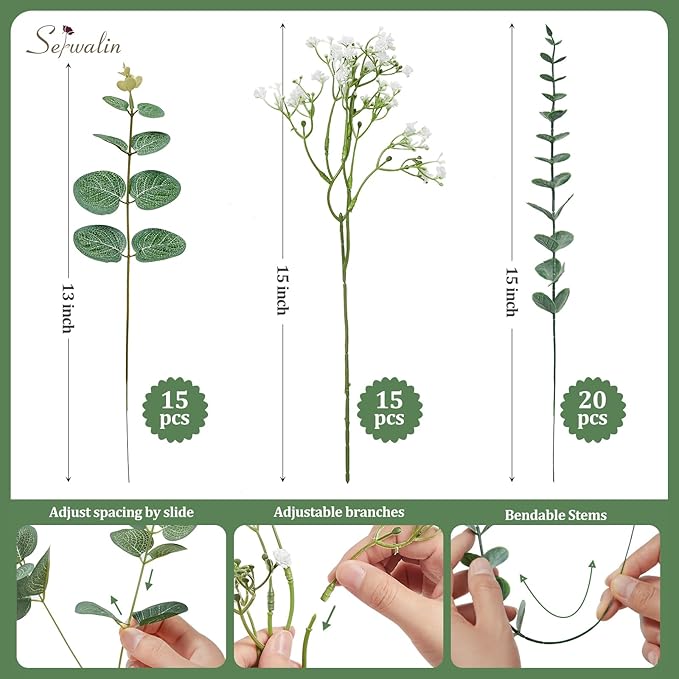 Serwalin 50 Pcs Mixed Artificial Eucalyptus Stems,Babys Breath Artificial Flowers Bulk with Faux Eucalyptus Leaves Greenery Stems for Wedding DIY Bouquets Floral Arrangement Home Decor