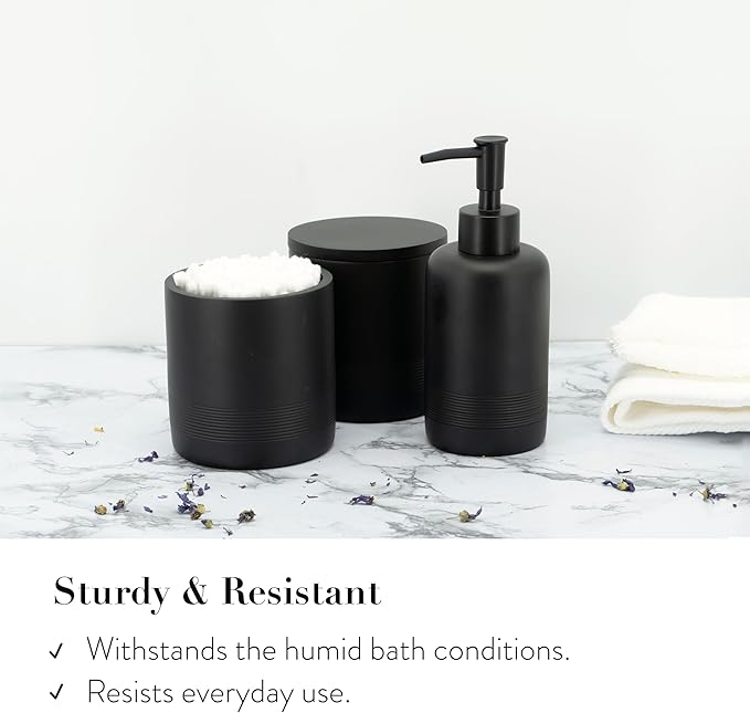 ZCCZ Black Matte Bathroom Accessories Set 6 Pieces - Toothbrush Holder, Lotion Dispenser, Qtip Container, Vanity Tray, Tumbler - Countertop Organizer for Bathrooms - Elegant and Functional Décor Set