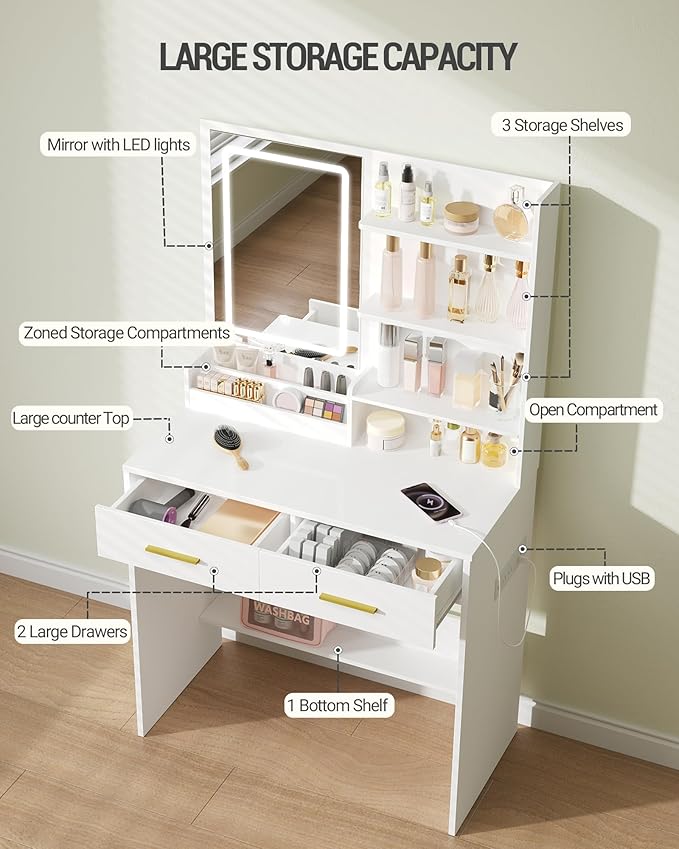 Vanity Desk with Mirror, Makeup Vanity with Led Lights, Dressing Table with Power Outlet, Drawers, 3 Color Modes, White WX321HDT