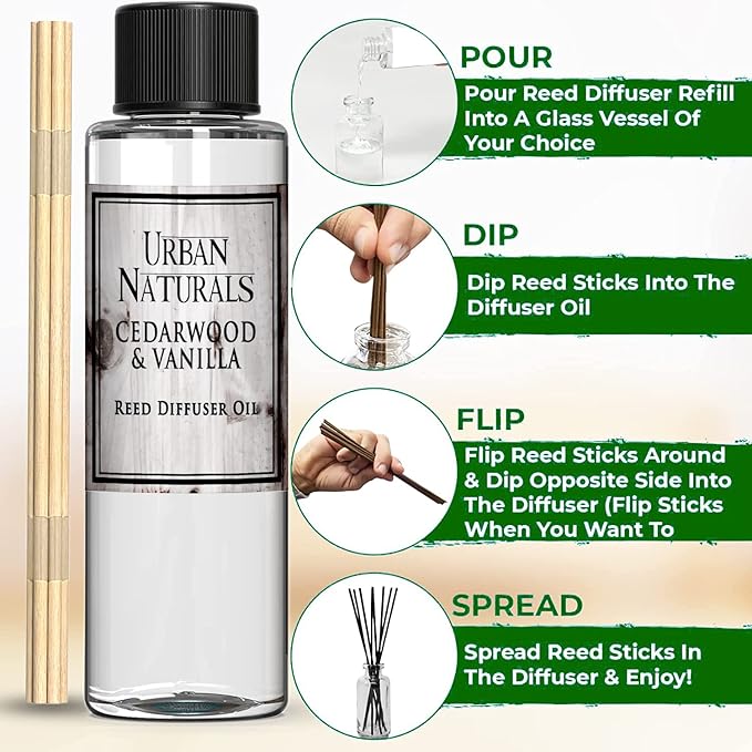 Urban Naturals Reed Diffuser Oil Refill, Cedarwood Vanilla Fragrance Oil with Oak, Cedar, Vanilla, 4 oz + Free Reed Sticks, Made in the USA