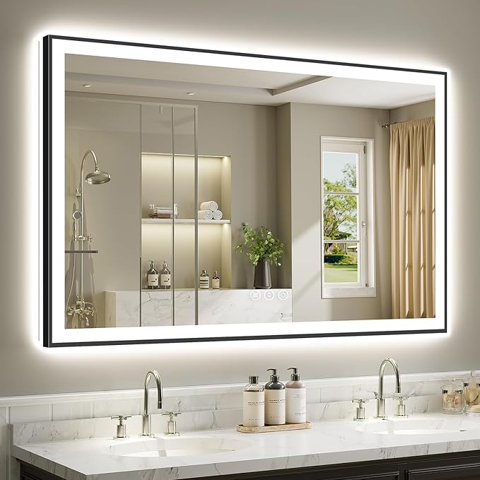 60x36 Inch LED Bathroom Mirror with Lights (Front Lit and Backlit) Black Framed Lighted Vanity Mirror for Bathroom Wall Dimmable Anti-Fog Memory Tempered Glass Horizontal/Vertical
