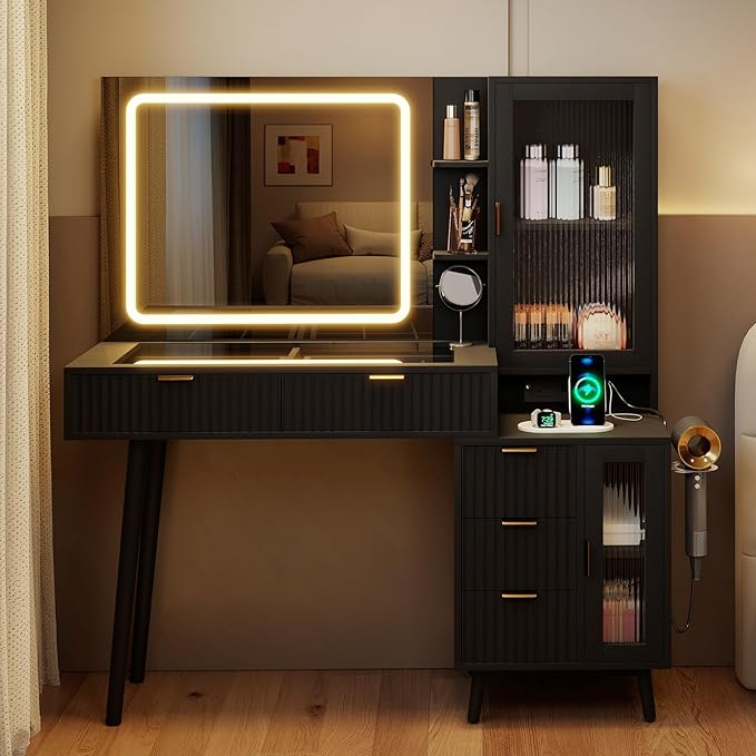 Black Vanity Desk with Mirror and Lights, 49" Fluted Wood Makeup Vanity Table with Modern Glass Top, Charging Station, 5 Drawers, 2 Cabinet with Adjustable Shelves, Salon Station
