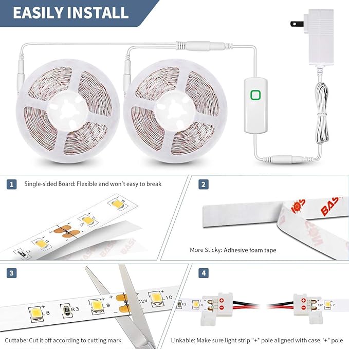Led Strip Lights 32.8ft Warm White Dimmable Led Light Strip Flexible Rope Lights Kits with 12v Etl Power Supply, Adhesive Clips, Dimmer Switch and Connectors for Indoor Decor