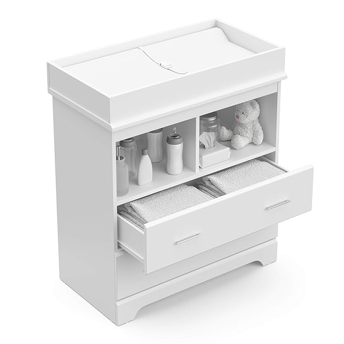 Storkcraft Brookside 2 Drawer Changing Table Dresser (White) – GREENGUARD Gold Certified, Easy-to-Match Chest of Drawers and Cubbies for Nursery and Kids Bedroom, Includes Changing Table Topper