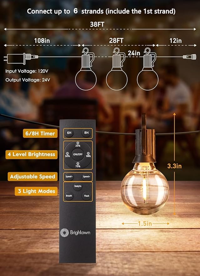 Brightown 38Ft Outdoor String Lights with Remote & 15 Shatterproof LED Bulbs - Waterproof Patio Hanging Lamps for Porch Balcony Bistro Cafe