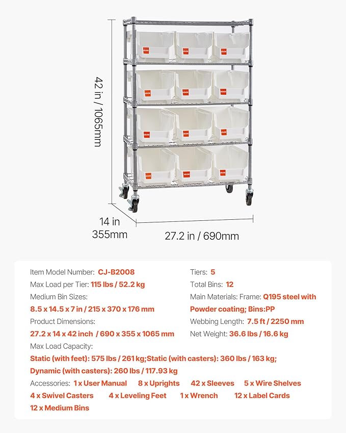 VEVOR 5-Tier Rolling Bin Storage Rack, 12 Organizer Bins, Bin Rack Storage Steel Wire Shelving System with Wheels, Mobile Tool Organizer for Garage, Warehouse, Office, Restaurant, Classroom, Kitchen
