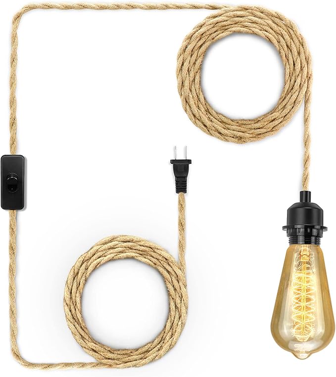 Plug in Pendant Light Cord, Farmhouse Hanging Lights with Plug in Cord, 15FT Hemp Rope Plugin Hanging Light Cord Kit with On/Off Switch, E26 E27 Light SocketCord, Bulb NOT Included