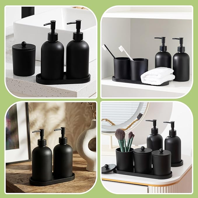 Yaomiao 5 Pack Black Frosted Glass Bathroom Accessories Set Kitchen Modern Liquid Soap Dispenser Set with Pump and Wood Tray Toothbrush Holder Cotton Swab Jars with Lids for Sink Countertop Home Decor