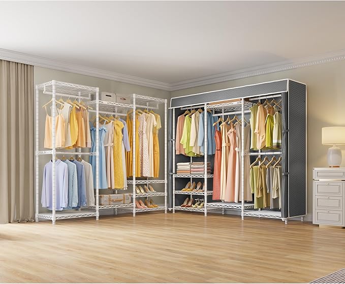 VIPEK V5C Medium Covered Clothes Rack Heavy Duty Portable Closet Wardrobe, Freestanding White Clothing Rack with Grey Upgarded Polyester Cover, Adjustable Custom Closet Rack, 57.9" Lx17.3 Wx76.4 H