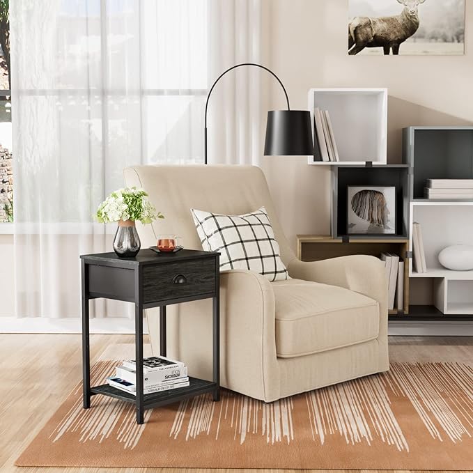 Furologee Nightstands Set of 2, Industrial End Table with Fabric Drawer&Storage Shelf, Small Bedside Table Organizer for Small Space for Living Room, Tall 23.6" Night Stand for Bedroom, Black Oak