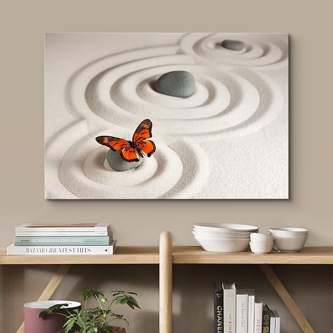wall26 Canvas Print Wall Art Zen Garden with Stones & Monarch Butterfly Nature Wilderness Photography Realism Chic Scenic Relax/Calm Multicolor for Living Room, Bedroom, Office - 16"x24"