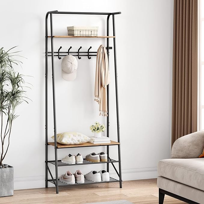 Coat Rack, Floorstanding Hall Tree with Shoe Rack, Wooden and Metal Coat Stand, Industrial Clothes Rack, for Hallway, Living Room, Bedroom, 25.2''x11.4''x70'', Rustic Brown