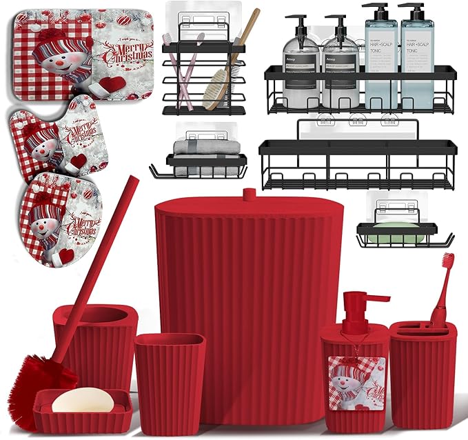 Clara Clark Bathroom Set - Christmas Bathroom Accessories Set, 14PC Bathroom Accessory Set, Christmas Bathroom Sets with Bathroom Rugs, Adhesive Corner Shower Caddy Hanging, Toilet Brush & Trash Can
