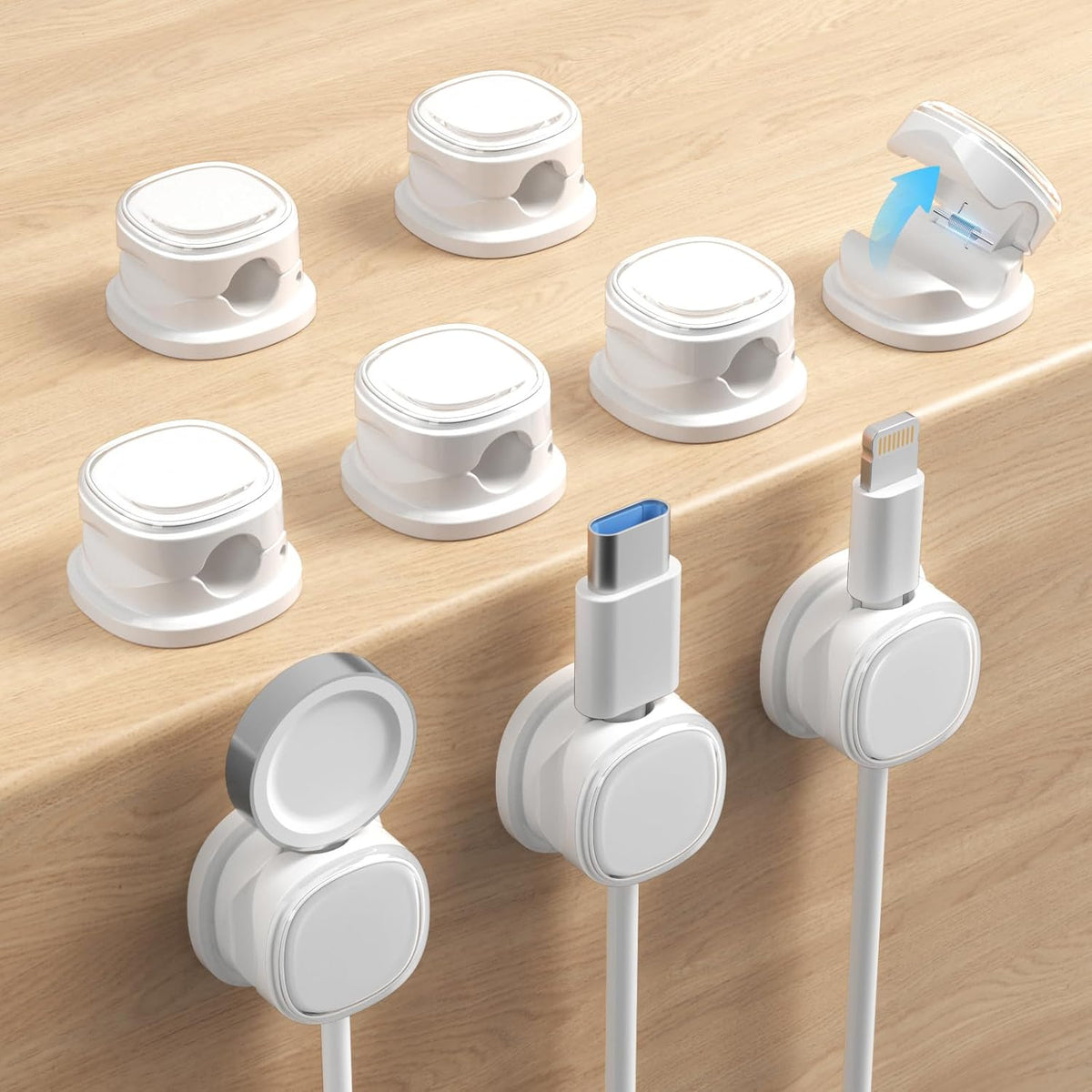 9 Pack Cord Organizer, Spring Cable Management, Adhesive Cute Cable Holder Clips, Phone Charger Wire Keeper for Desk Nightstand Car Office (9-Pack White)