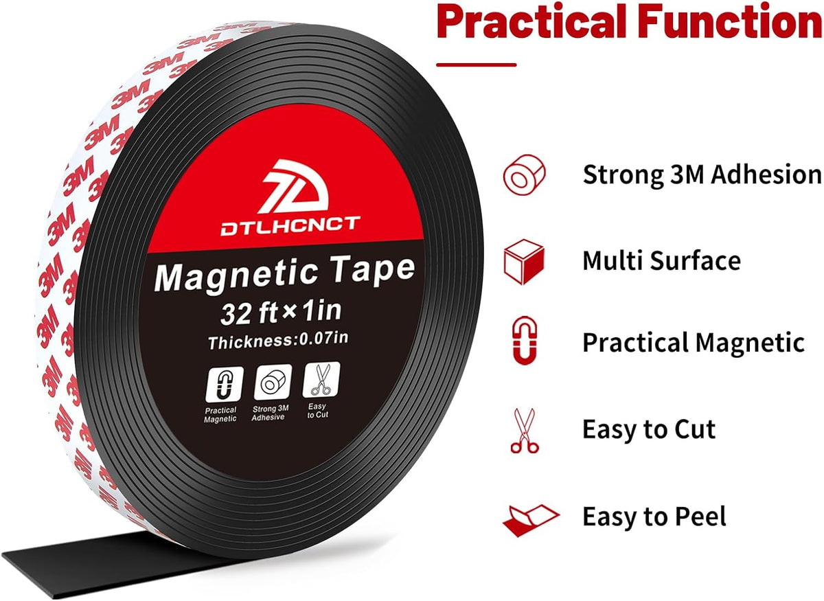 Magnetic Tape - 32 ft x 1 inch Magnet Strip Tape Roll with Strong Adhesive Backing for Kitchen, Office, School Organization, Whiteboards,Fridge(0.07" Thick)