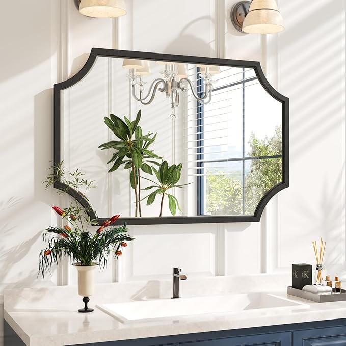 Kelly Miller Scalloped Black Bathroom Mirror for Wall, 24"x36" Black Mirror Decorative Wall Mirror Art Framed Mirror Bevelled for Master Bath Half Bath Living Room Fireplace Mantle Entryway Hallway