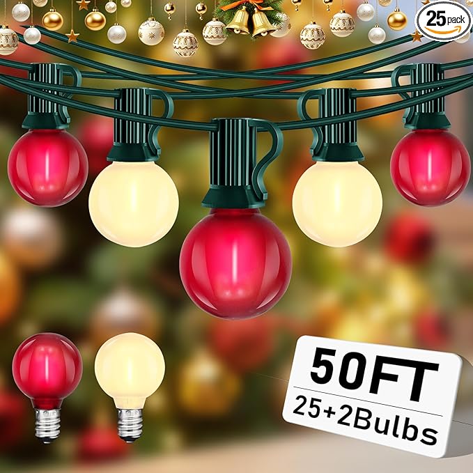 Abeja G40 Globe Patio String Light, 50Ft G40 Red White String Lights with 27 G40 LED Bulbs(2 Spare), Hanging Patio Globe String Light for Christmas Garden Holiday Party Decor-Green Line