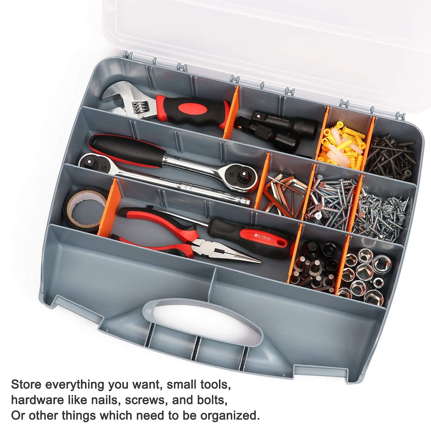 Makitoyo Hardware Storage Box Tools Organizer Container with Handle and Clear Lid, 21 Adjustable Compartments and 2 Fixed Sections,Perfect for Screws,Nuts, Bolts and Small Parts,15"L x 12.9""W x 2.9""H"