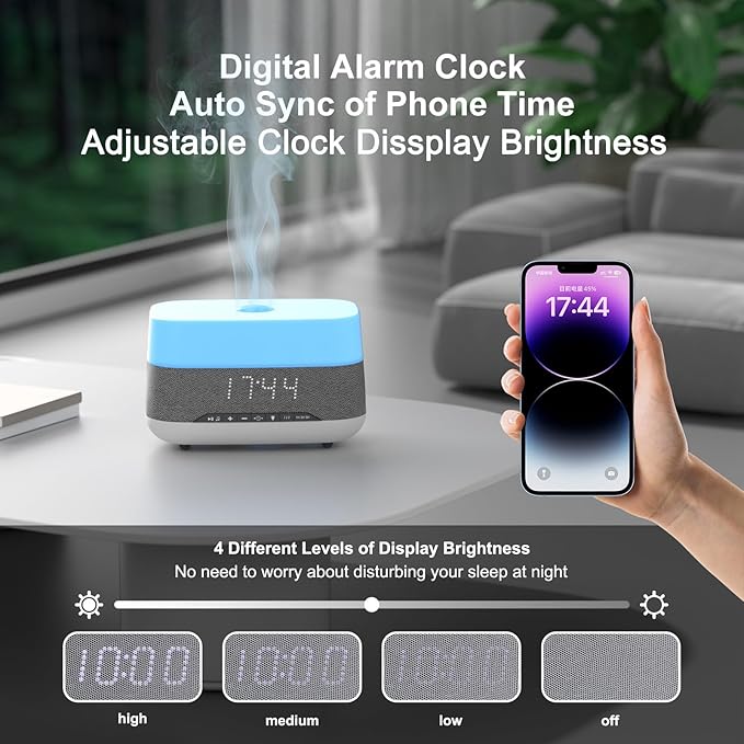 300ml Essential Oil Diffuser with Bluetooth Speaker & Alarm Clock | Auto Shut-Off, Colorful Night Light, Timer for Bedroom, Office, Yoga（White）