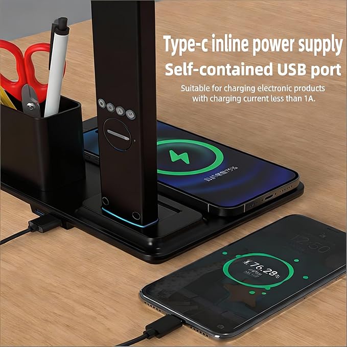 Multi-Function Desk Lamp with Display&15W Wireless Charger,3 Color Temperatures,Touch Control,Foldable Design,Built-in Clock,Calendar,Thermometer,Alarm,HYT1771 Black.