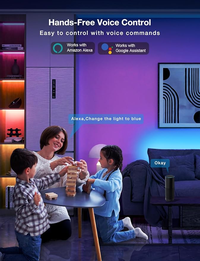 DAYBETTER Smart WiFi Led Lights 100ft - Led Strip Lights Work with Alexa and Google Assistant RGB Strip Lighting Music Sync Color Changing with App Voice Remote Control for Room Bedroom Decor 50ft*2