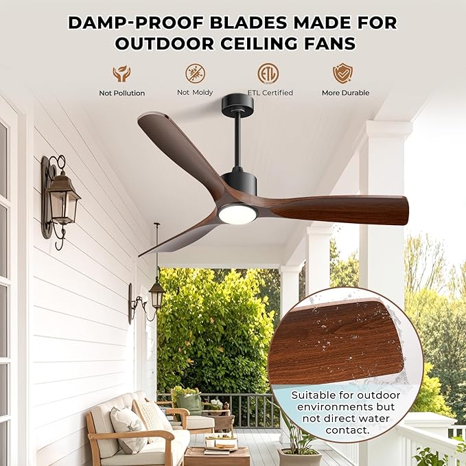 52" Smart Ceiling Fan with Lights,Outdoor Ceiling Fan Compatible with Alexa/Google/App/Remote,3-Color Light 6-Speed Quiet Reversible DC Motor for Patio Bedroom Living Room,Dark Walnut