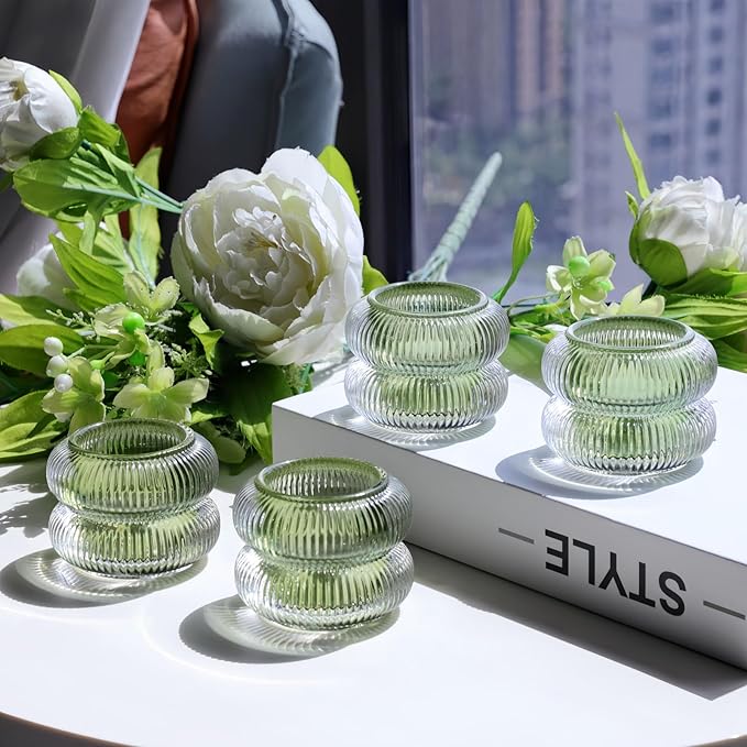 Woho Ribbed Glass Votive Candle Holders Set of 6, Vintage Tealight Candle Holder for Wedding Decor, Elegant Tea Lights Candle Holder for Dinner Table/Christmas Decorations(Green, 2.1" H X 2.75" D)