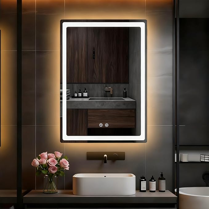 LTFUUAI 20"X28" LED Bathroom Mirror with Lights, Smart Touch 3-Color Dimming Lighted Vanity Mirror Wall Mounted, Anti-Fog Shatterproof with Front & Back Light, for Bathroom Vanity