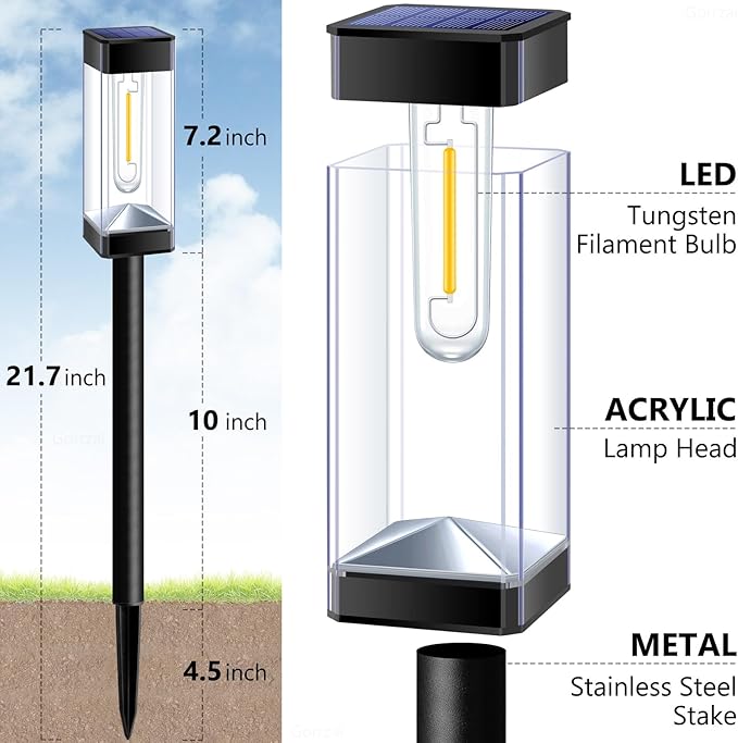 Bright Solar Pathway Lights Outdoor 8 Pack Solar Lights Outdoor LED Waterproof with 3000K Tungsten Filament Bulb Landscape Lighting for Yard, Driveway, Garden, Walkway, Lawn, Path