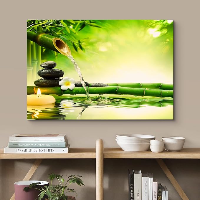 wall26 Canvas Print Wall Art Zen Green Bamboo Daisy Flower Massage Stone Spa Jungle Nature Wilderness Photography Realism Landscape Colorful Multicolor for Living Room, Bedroom, Bathroom - 16"x24"
