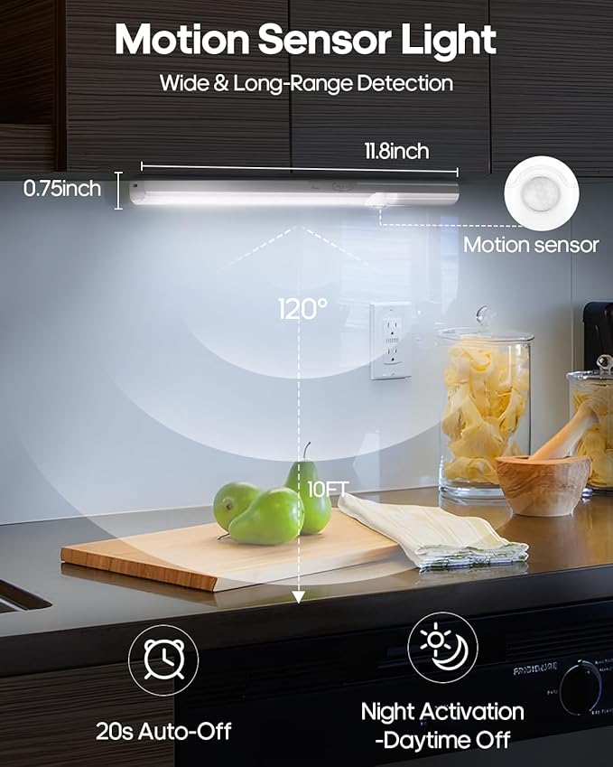 Under Cabinet Lights, 11.8 Inch Motion Sensor Lighting Indoor, 1800mAh Rechargeable Battery Operated Wireless Closet Lights, Magnetic Dimmble Under Counter Lights for Kitchen (2 Pack)