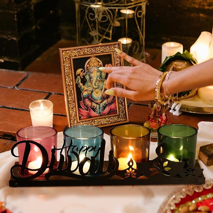 Diwali Home Decoration, Diwali Gifts, Colorful Glass Votive Tealight Candle Holders with Wooden Tray for Table Centerpiece