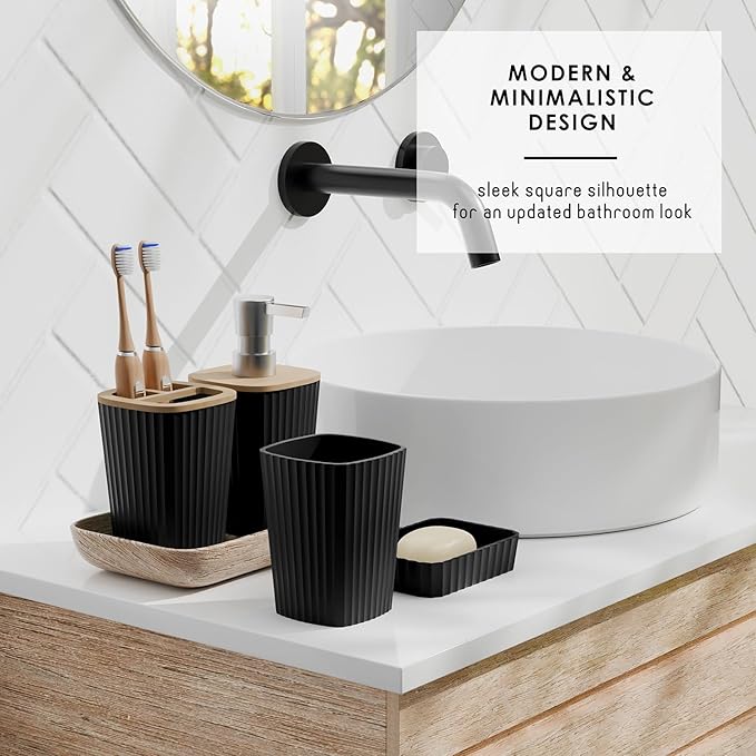 Clara Clark Bathroom Set - Black Bathroom Accessories Set, 6PC Bathroom Accessory Set, Bathroom Sets with Bathroom Rugs, Toilet Brush, Trash Can & Soap Dispenser