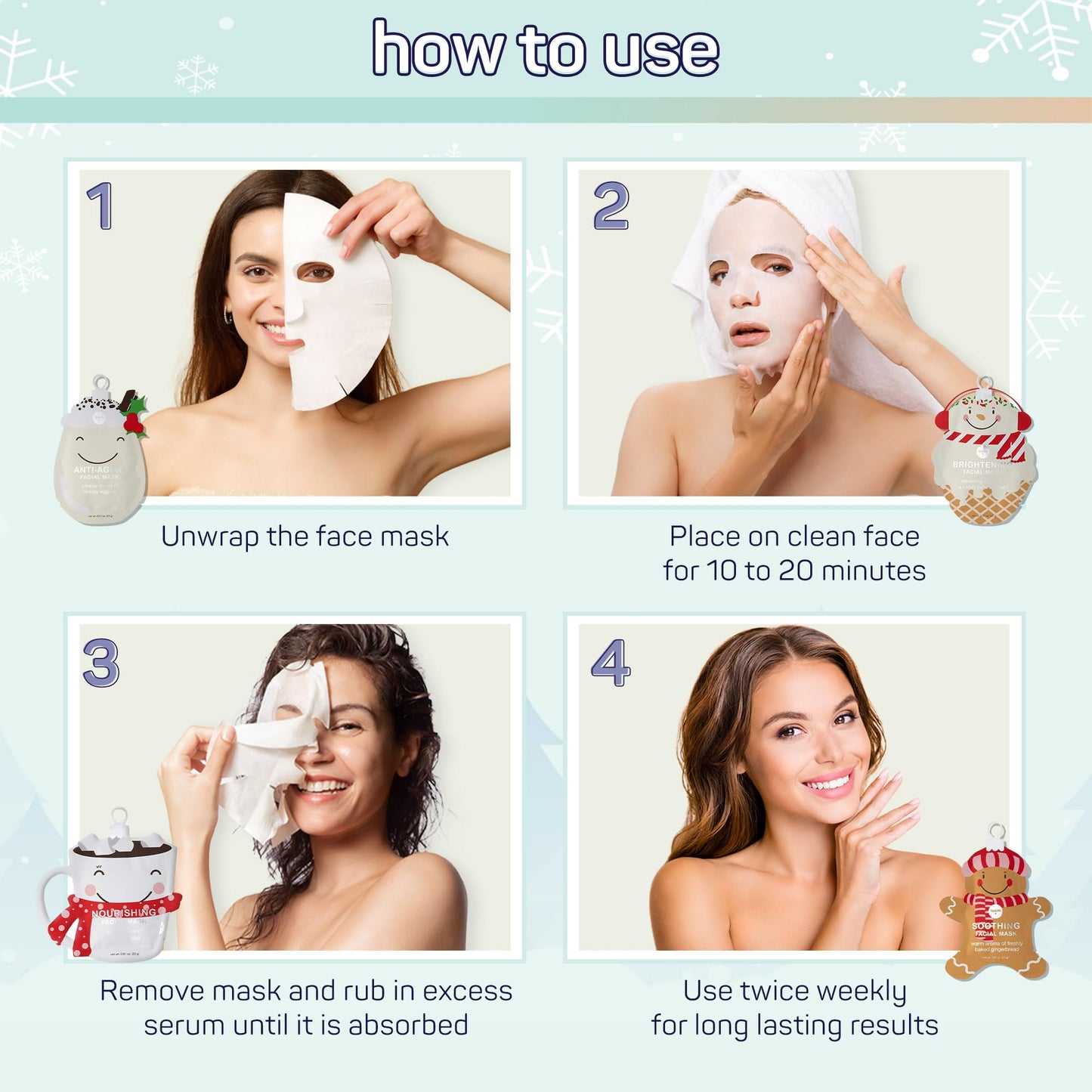 SpaLife Holiday Treats Facial Masks 12-Pack Assorted - Festive Christmas Skincare for Hydration and Refreshment - Gingerbread, Sundae, Cocoa & Eggnog